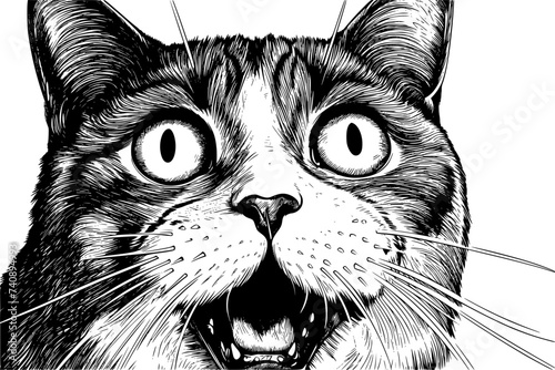 Surprised cat with bie eyes and open mouth, black and white ink style