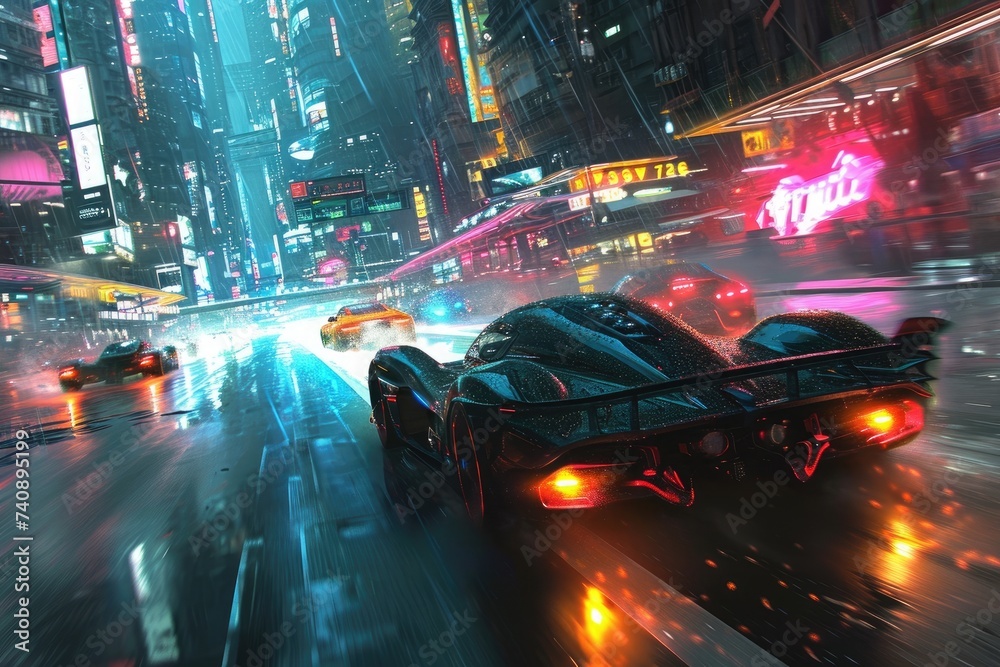 A car with its headlights on drives down a bustling city street lined with tall buildings and illuminated by streetlights, Futuristic vehicles racing in a cybernetic city, AI Generated A car with its headlights on drives down a bustling city street lined with tall buildings and illuminated by streetlights, Futuristic vehicles racing in a cybernetic city, AI Generated