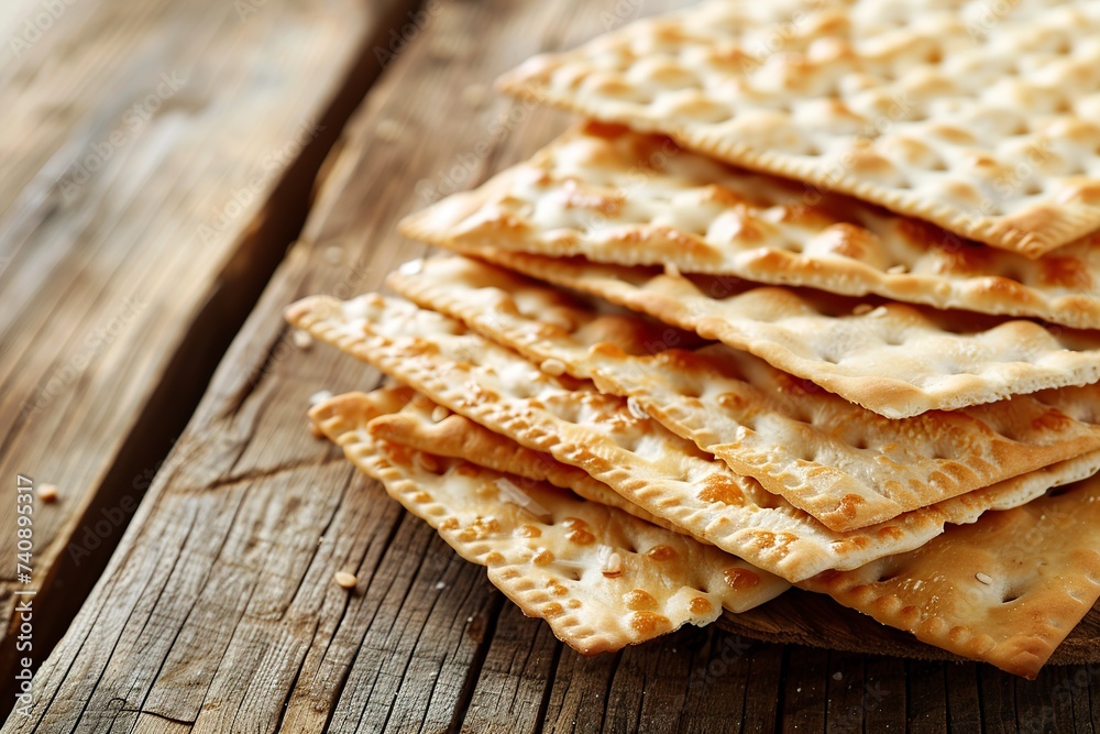 Fototapeta premium Some Matzahs with a crunchy texture and neutral color contrast with the warmth of the environment resting on a table. Traditional unleavened bread for Jewish Passover.