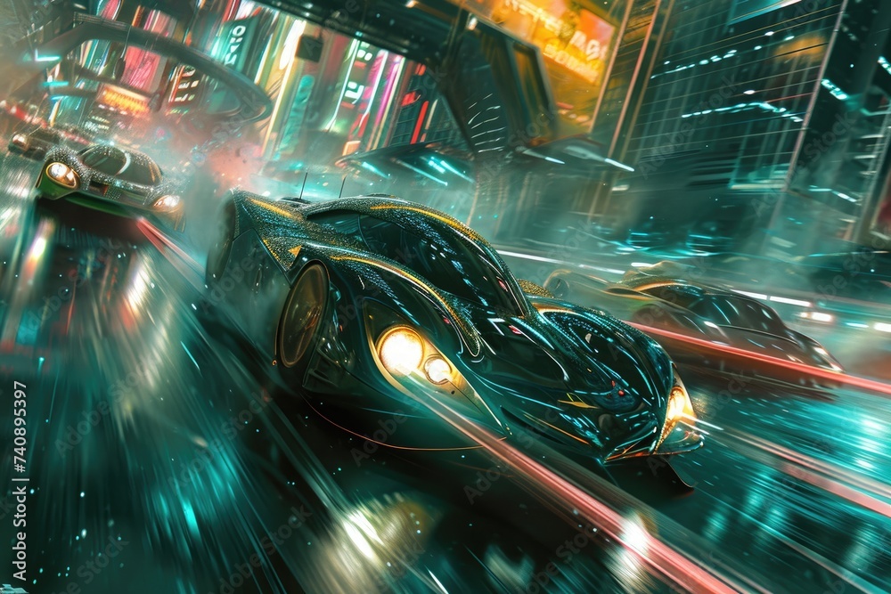 A car with headlights on navigates through a bustling city street at night, Futuristic vehicles racing in a cybernetic city, AI Generated