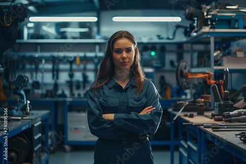 Professional female mechanic in a well-equipped garage Confidently standing with arms crossed among advanced automotive tools