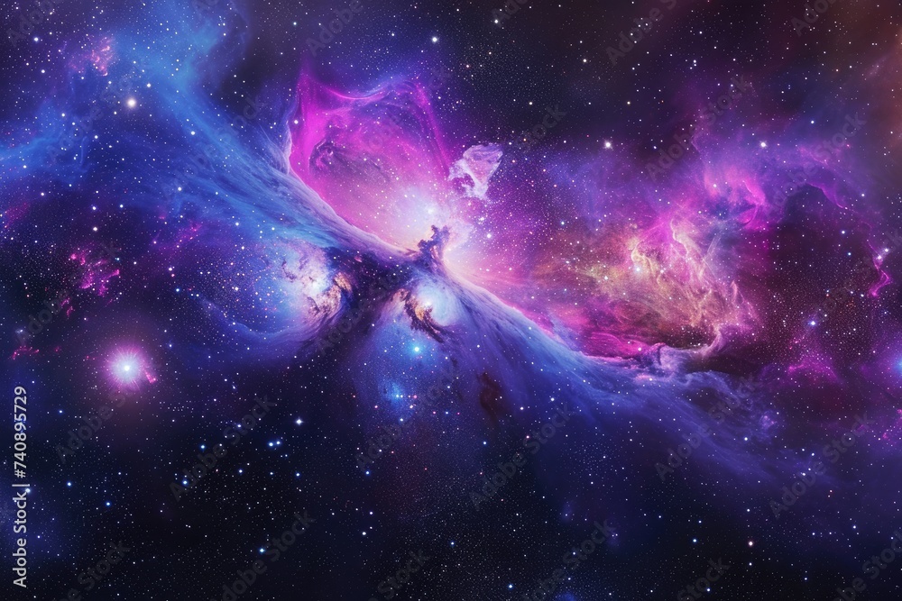 Naklejka premium In this awe-inspiring photo, a vibrant and vivid space scene is revealed, with countless stars illuminating the vast expanse, Galactic panorama featuring an iridescent nebular cloud, AI Generated