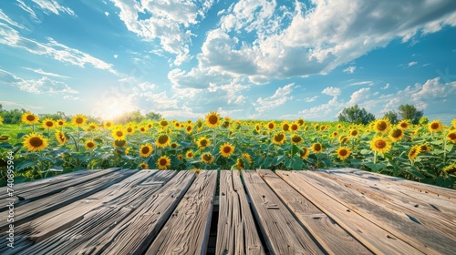 Platform and natural backdrop with sunflower field Cloud and sky background for displaying wide angle lens