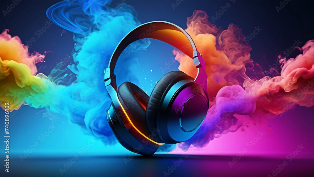 Fototapeta premium World Music Day. headset headphone in colorful vibrant dust background. music concept