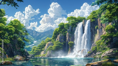 Tat Kuang Si Waterfalls. Beautiful panorama landscape.