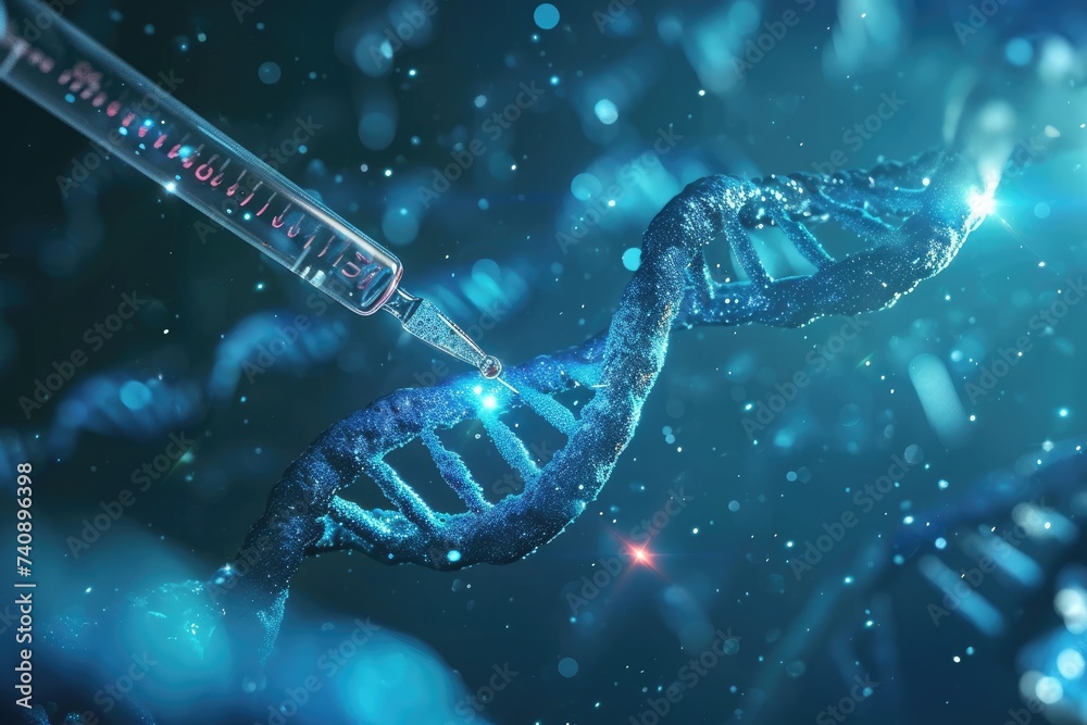 A detailed 3D representation of a double-stranded DNA molecule colored in shades of blue, green, and blue, Gene-editing process using CRISPR technology, AI Generated A detailed 3D representation of a double-stranded DNA molecule colored in shades of blue, green, and blue, Gene-editing process using CRISPR technology, AI Generated