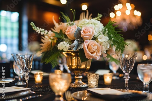 A stunning centerpiece consisting of a variety of flowers and greenery arranged artfully on a table, Gatsby themed wedding set in the roaring 20s, AI Generated