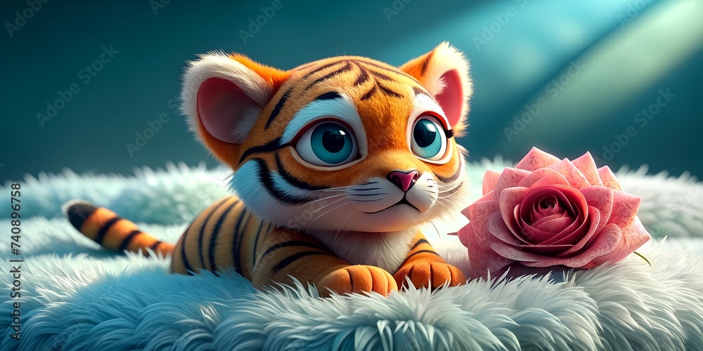 A cute little tiger with glasses on a pillow with a rose flower A cute little tiger with glasses on a pillow with a rose flower