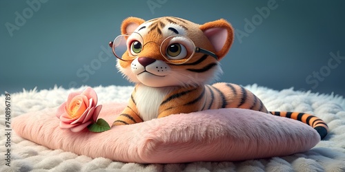 A cute little tiger with glasses on a pillow with a rose flower