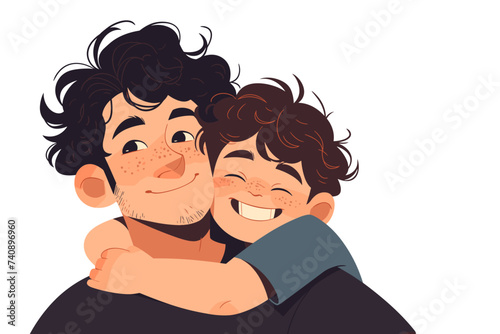Son and father hugging. Smiling dad holding son. Cute cartoon characters isolated on white background. Colorful vector illustration