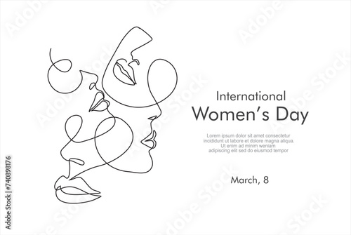 International women's day greeting card. Women faces in one continuous line drawing. Abstract female portrait in simple linear style. Vector illustration for 8 march	