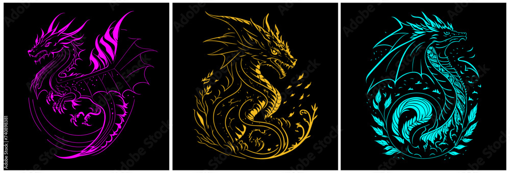 Japanese dragons set. Ancient Asian traditional animal. Chinese New Year zodiac sign, bright neon colors purple, teal and gold dragon silhouette on black background, 2024 Horoscope, decor elements.