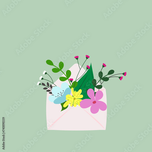 Colorful flowers and leaves in letters on a green background. Creative nature concept.
