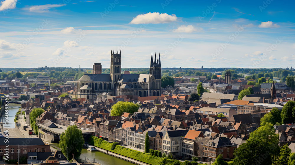 Timeless Magnificence: High Viewpoint Panorama of Majestic Cityscape Ghent, Belgium