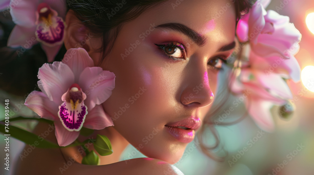 Young woman with her face adorned with sparkling freckles and surrounded by vibrant pink orchids.