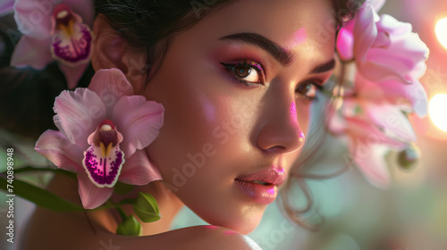 Young woman with her face adorned with sparkling freckles and surrounded by vibrant pink orchids.
