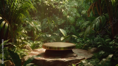 Podium nestled in a jungle clearing, framed by exotic plants