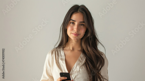 A person in a white shirt is looking at a smartphone with a focused expression, illuminated by soft light against a neutral background.