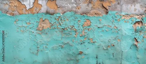 A close up of a rusty metal wall with peeling paint, creating an artful pattern resembling the colors of azure and aqua, with a liquidlike texture