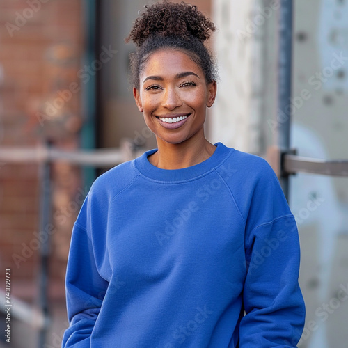 Very attractive and good looking middle aged mature black woman. African American Lady feeling good, smiling, being happy, casual outfit, a blue blouse or sweatshirt. Outdoor background. 
