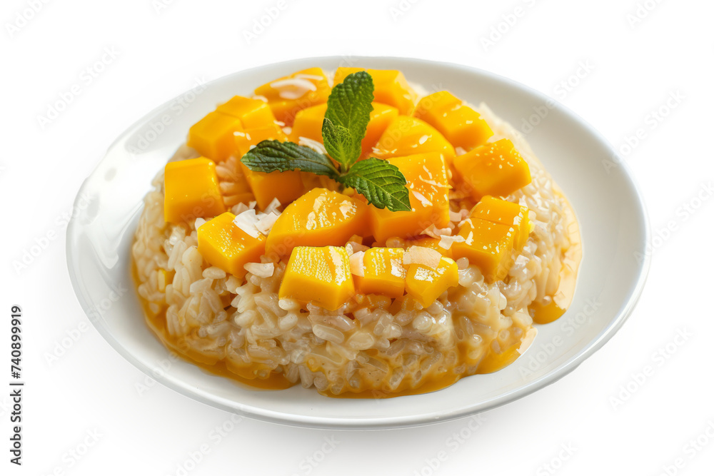 top view of Thai mango sticky rice with sweet glutinous rice topped with ripe mango slices and coconut cream sauce. top view of Thai mango sticky rice with sweet glutinous rice topped with ripe mango slices and coconut cream sauce.