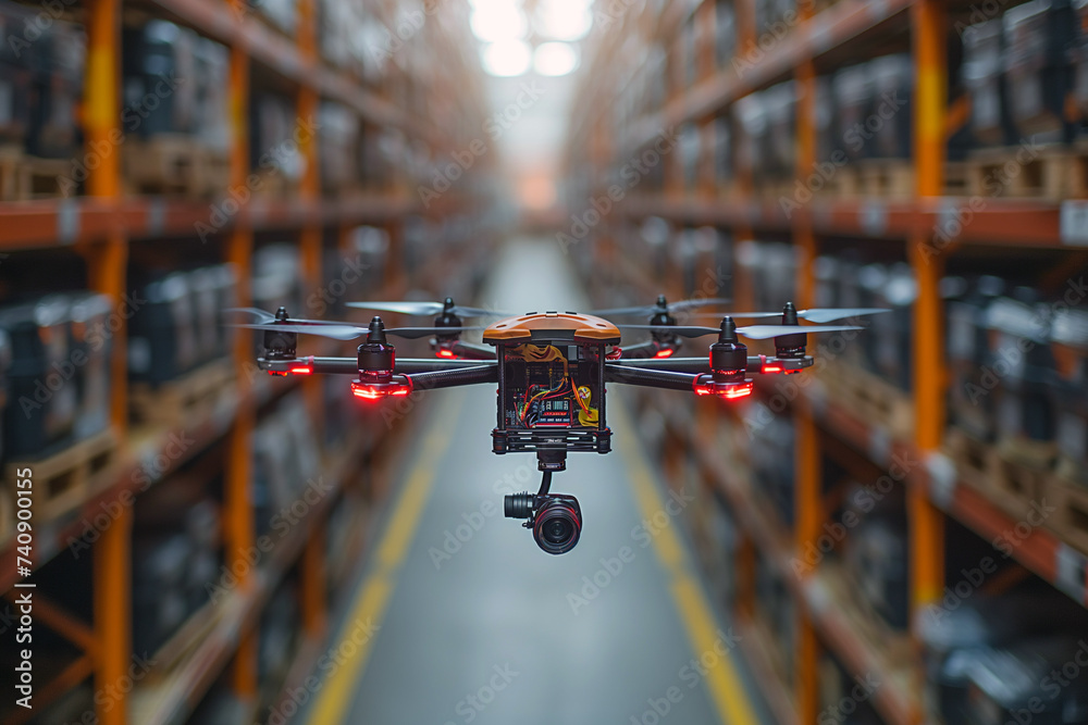 FPV drone is flying through the warehouse. Drone with digital camera, modern innovative technology, robotics, parcel drone. Smart automation, delivery innovations, automatic logistics management FPV drone is flying through the warehouse. Drone with digital camera, modern innovative technology, robotics, parcel drone. Smart automation, delivery innovations, automatic logistics management