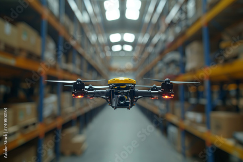 FPV drone is flying through the warehouse. Drone with digital camera, modern innovative technology, robotics, parcel drone. Smart automation, delivery innovations, automatic logistics management
