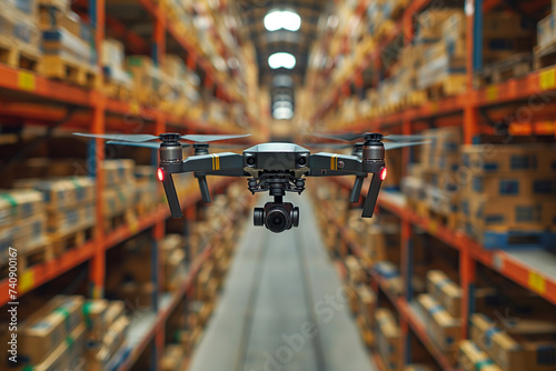 FPV drone is flying through the warehouse. Drone with digital camera, modern innovative technology, robotics, parcel drone. Smart automation, delivery innovations, automatic logistics management photo