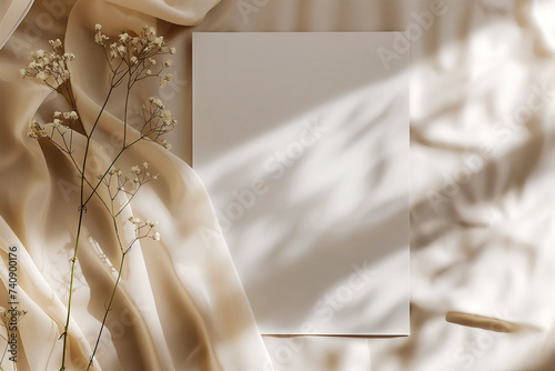 Wedding invitation mockup. Blank template for design or product placement. Blank card on neutral background with soft fabric and flowers. Elegant wedding flat lay composition