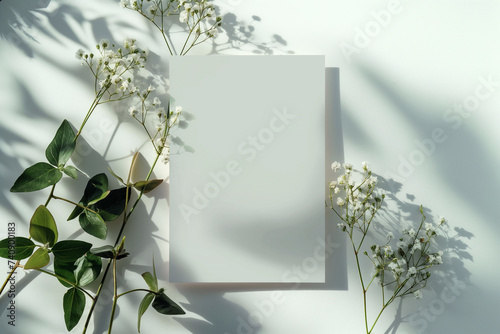 Wedding invitation mockup. Blank template for design or product placement. Blank card on neutral background with flowers. Elegant wedding flat lay composition