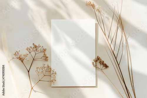 Wedding invitation mockup. Blank template for design or product placement. Blank card on neutral background with flowers. Elegant wedding flat lay composition