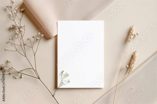 Wedding invitation mockup. Blank template for design or product placement. Blank card on neutral background with flowers. Elegant wedding flat lay composition