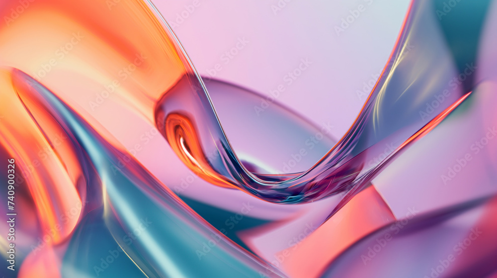 Fototapeta premium Vibrant colorful curve dynamic fluid glass texture for wallpaper presentations, websites, social media. 3D colorful glass background. Trendy graphic design, holographic wavy glass. Selective focus