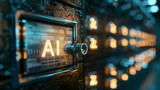 Data collection and security in artificial intelligence technology, safety deposit box with word “AI”