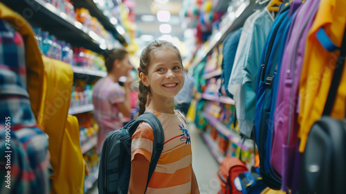 Happy little girl choosing backpack for school while shopping in store