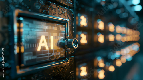 Data collection and security in artificial intelligence technology, safety deposit box with word “AI”