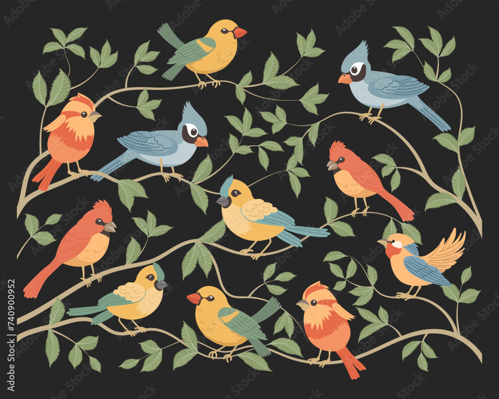 Set of cute bright birds sitting on tree branches. Set of various spring birds in nature. Spring illustration Set of cute bright birds sitting on tree branches. Set of various spring birds in nature. Spring illustration
