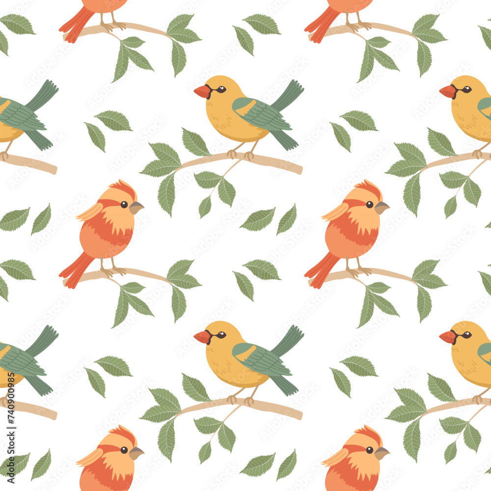 Seamless pattern, cute bright birds on tree branches on a white background. Spring illustration Seamless pattern, cute bright birds on tree branches on a white background. Spring illustration