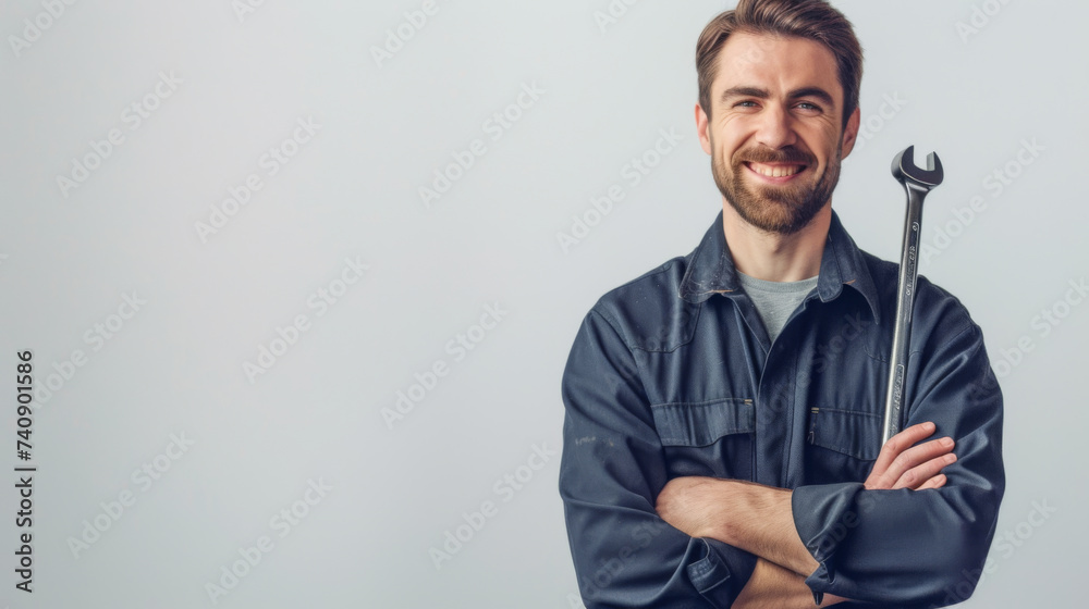 cheerful man with a beard, holding a wrench, dressed in a blue mechanic's jumpsuit against a light grey background. cheerful man with a beard, holding a wrench, dressed in a blue mechanic's jumpsuit against a light grey background.