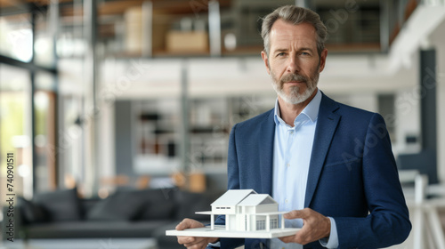 confident middle-aged man in a blue suit holding a model house, standing in a modern home interior.