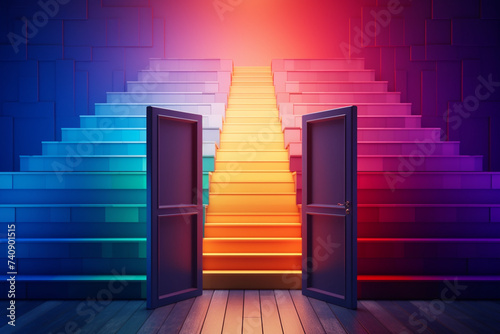 An abstract staircase and multi colored doors, individual one is open and a light coming out, symbolizing choice concept. 3d render