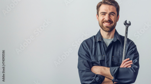 cheerful man with a beard, holding a wrench, dressed in a blue mechanic's jumpsuit against a light grey background. © MP Studio