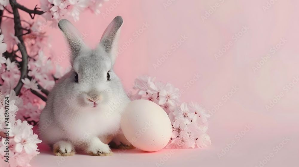 Cute rabbit, easter egg and flowers. Concept and idea of happy easter day.