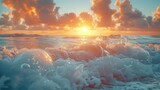 Waves rolling from above breaking beach. Panorama view orange colors sunset. sandy coastline