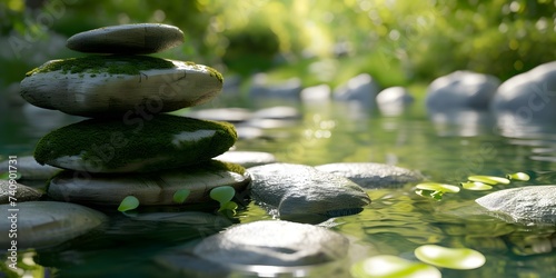 zen stones in a peaceful green garden with river © Your isolated stock
