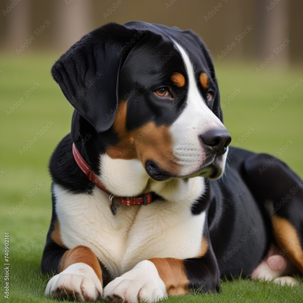 The Greater swiss mountain dog poses with his whole body in nature