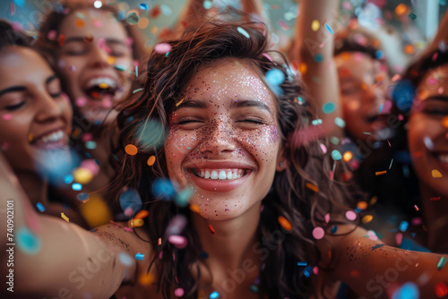 Carnival joy with woman celebrating in confetti shower