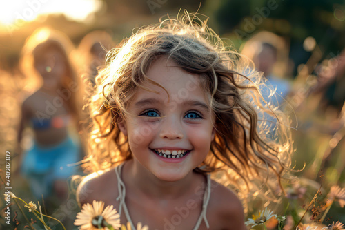 Happy girl with curly hair smiling in a field at sunset