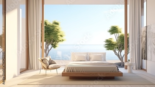 Bright bedroom in a minimalist Mediterranean style. Escape to a coastal paradise in this Mediterranean-inspired bedroom. A perfect blend of simplicity and sophistication.