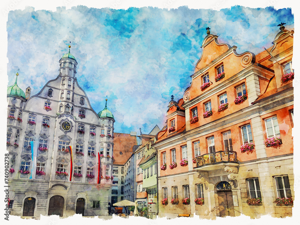 The picturesque city of Memmingen, Bavaria, Germany. Medieval houses in the central part of town. Watercolor painting.